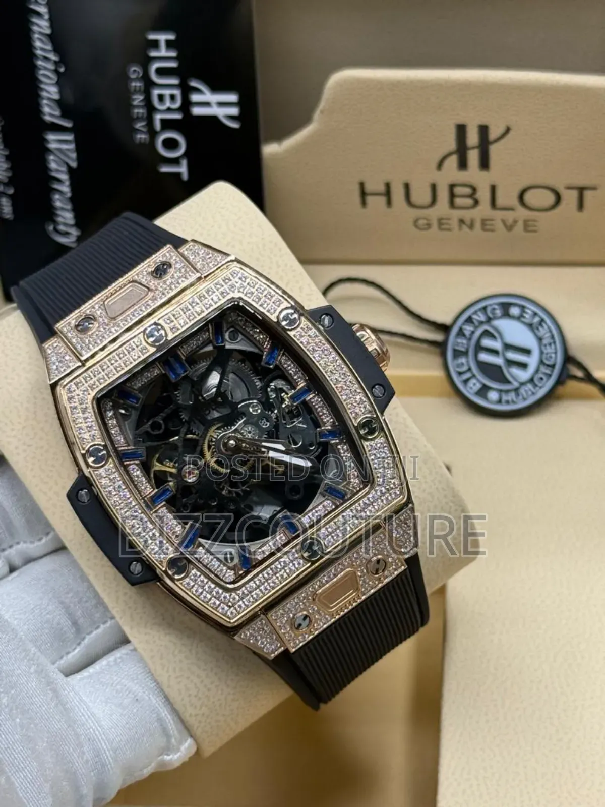 Original Hublot Iced Out Black Rubber Strap Watch