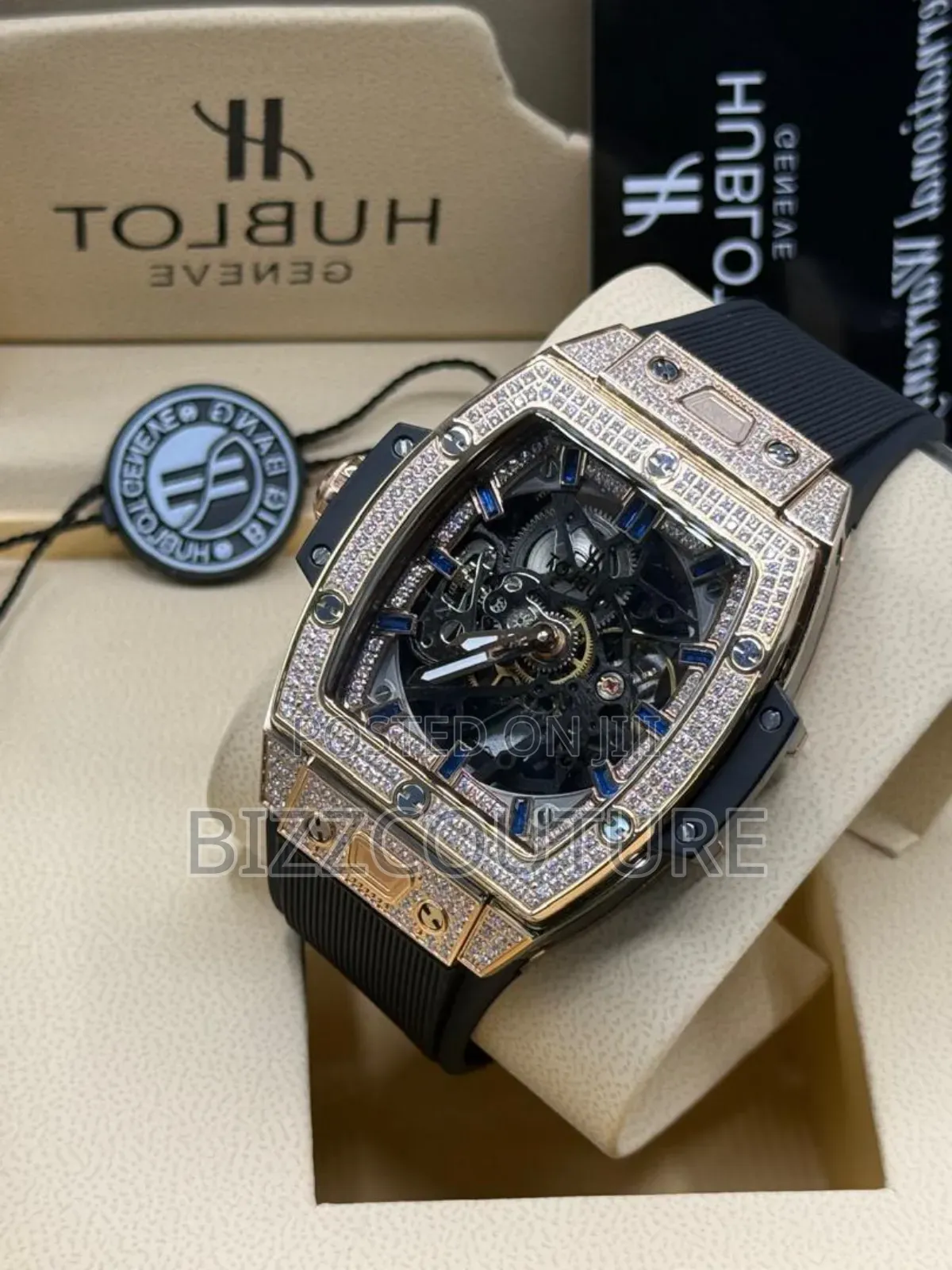 Original Hublot Iced Out Black Rubber Strap Watch