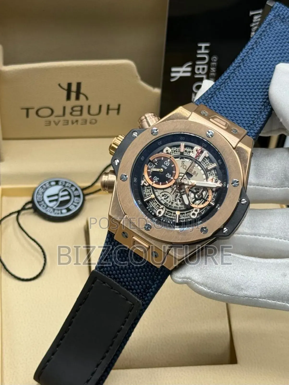 Original Hublot Blue Faux Leather Watch Available in Store
