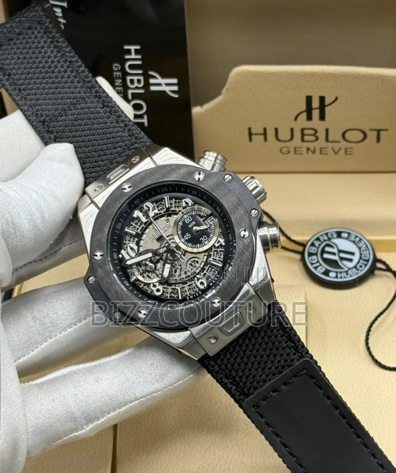 Original Hublot Black Faux Leather Strap Watch Available