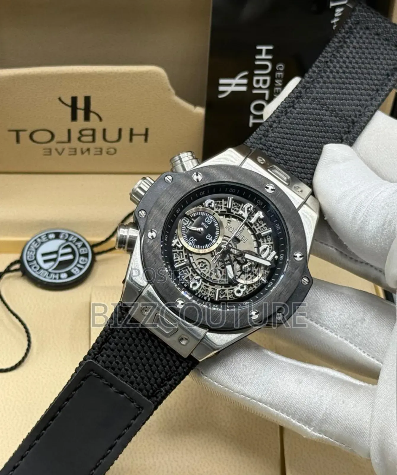 Original Hublot Black Faux Leather Strap Watch Available