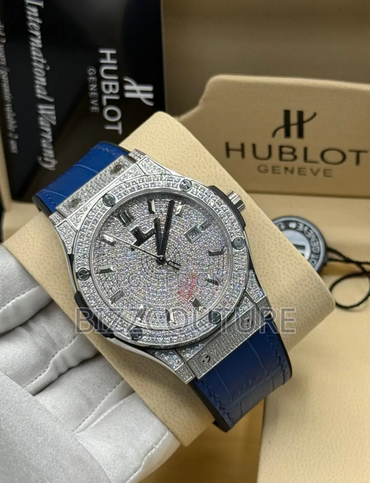 Original Hublot Iced Out Blue Leather Strap Watch