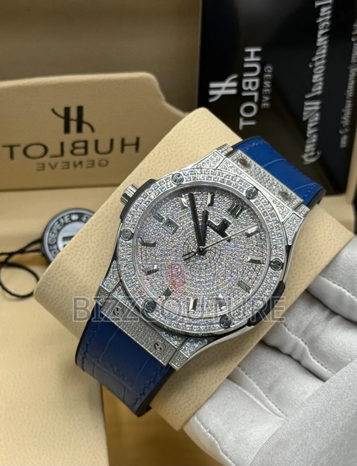 Original Hublot Iced Out Blue Leather Strap Watch