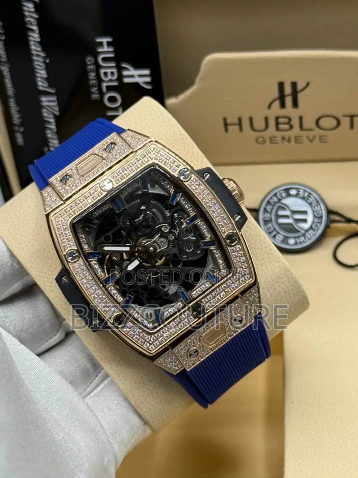 Original Hublot Iced Out Blue Rubber Strap Watch