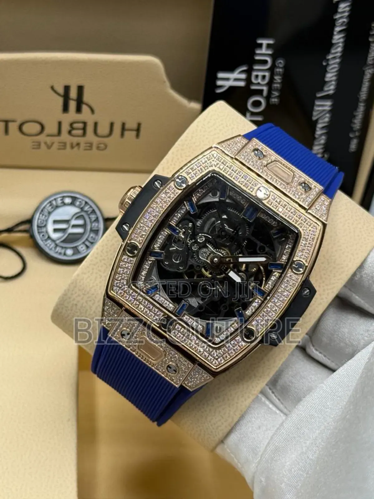 Original Hublot Iced Out Blue Rubber Strap Watch