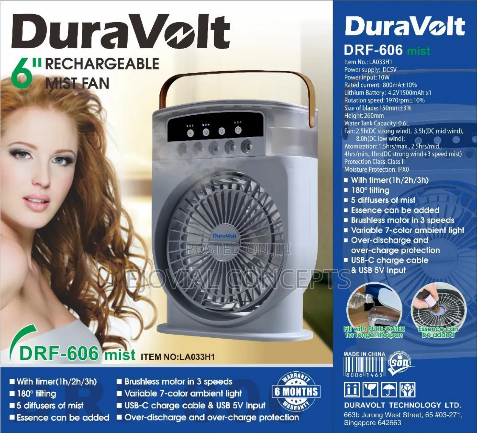 Duravolt 6" Rechargeable Mist Fan