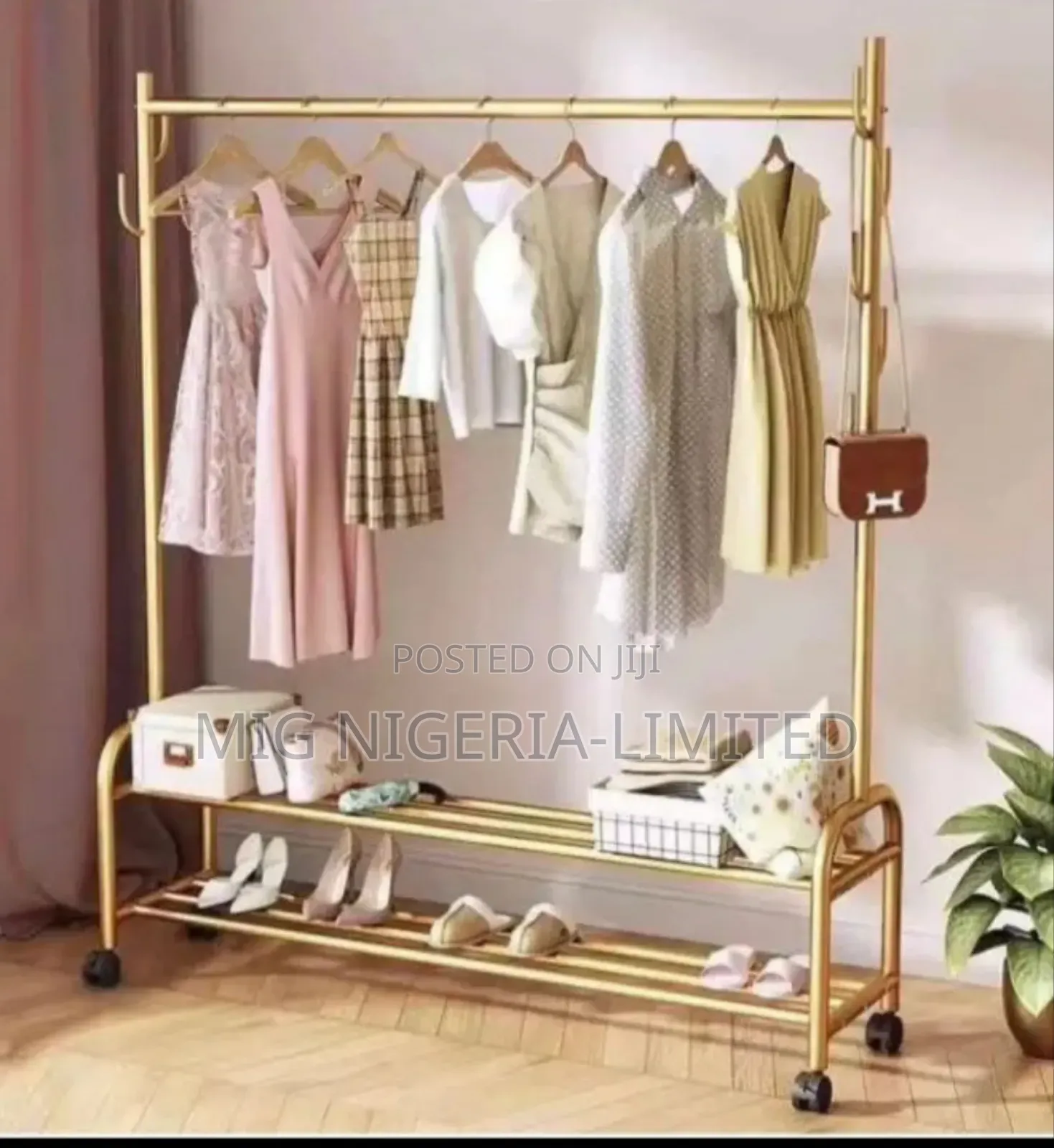 Wheel Gold Metal Clothing Hanger Shoe Rack