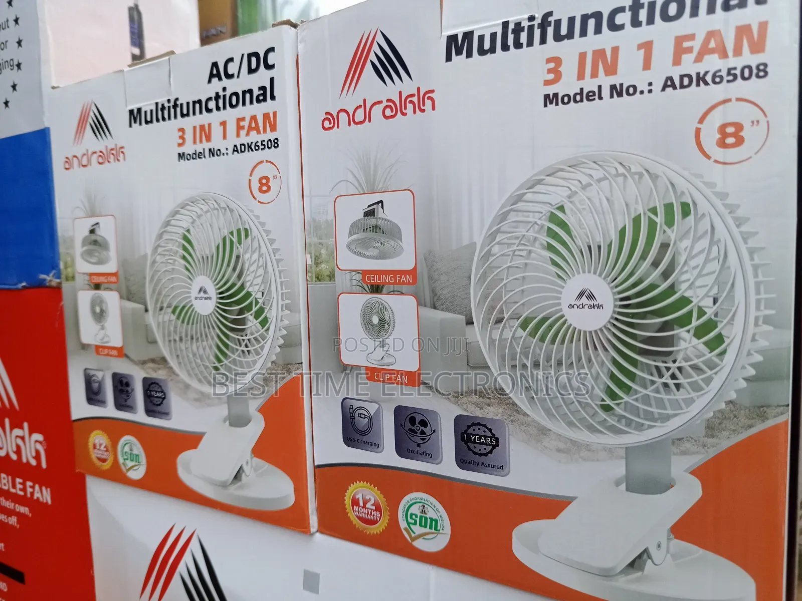 8" Andrakk Rechargeable 3 In 1 Clip/Ceiling Fan