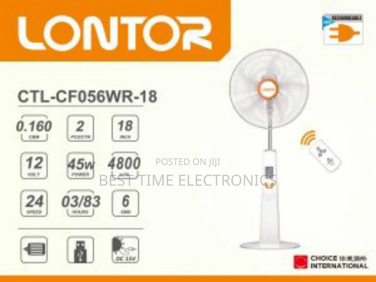 Lontor 18 Inches 24 Speed Rechargeable Fan
