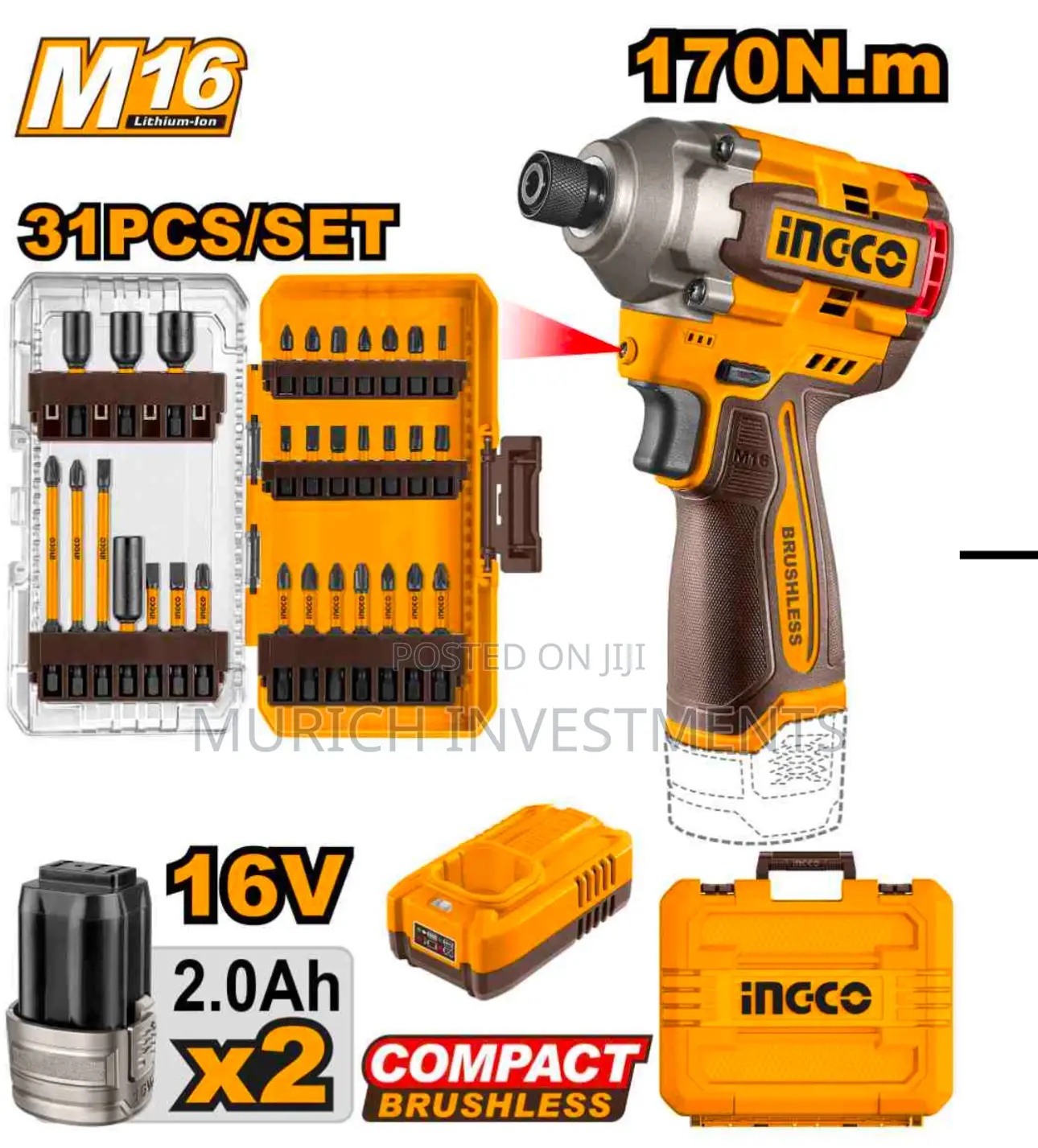 Ingco 170nm 16v Compact Brushless Cordless Impact Driver