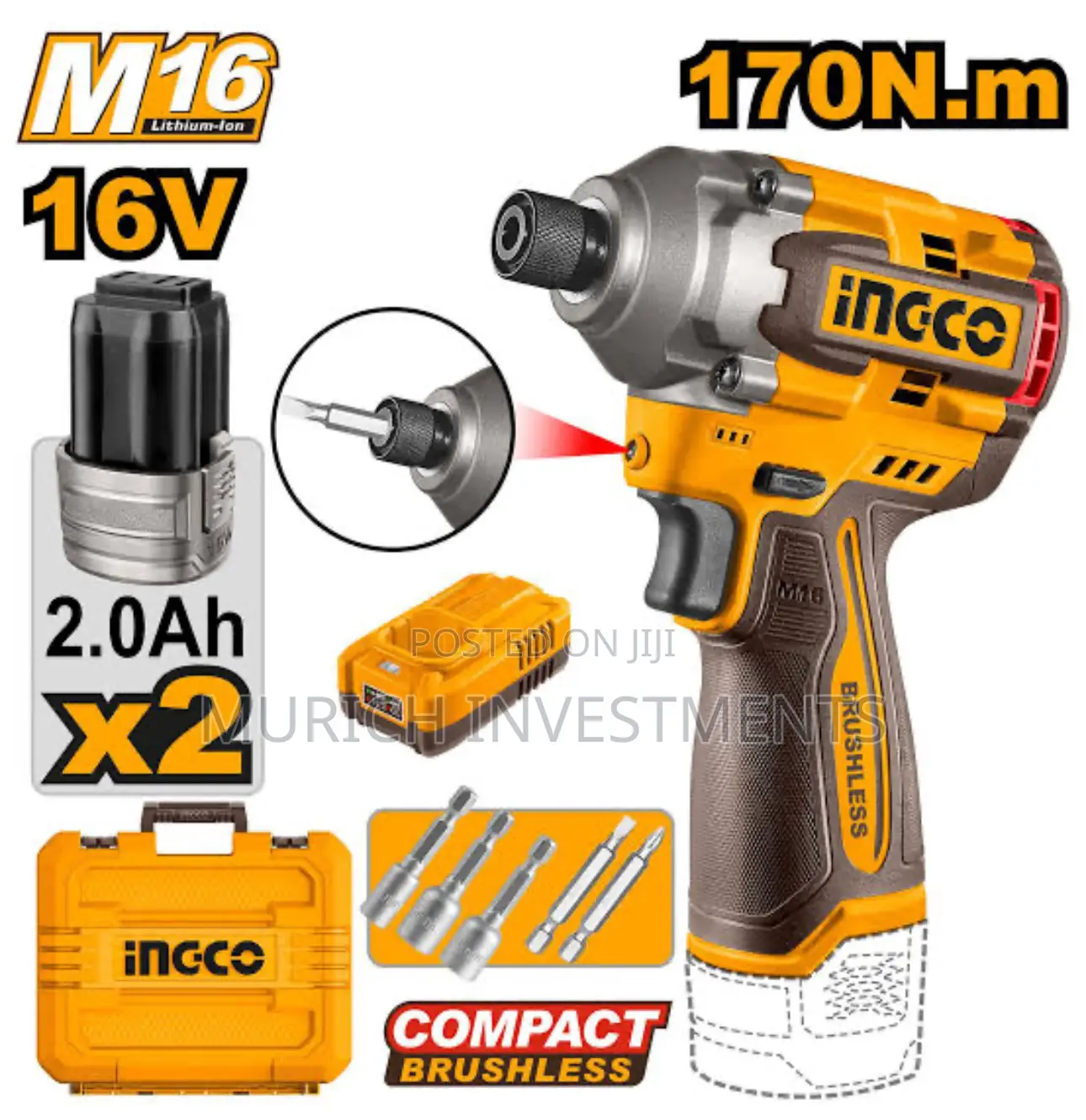Ingco 170nm 16v Compact Brushless Cordless Impact Driver