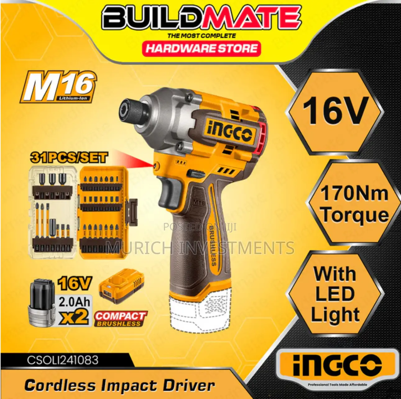Ingco 170nm 16v Compact Brushless Cordless Impact Driver
