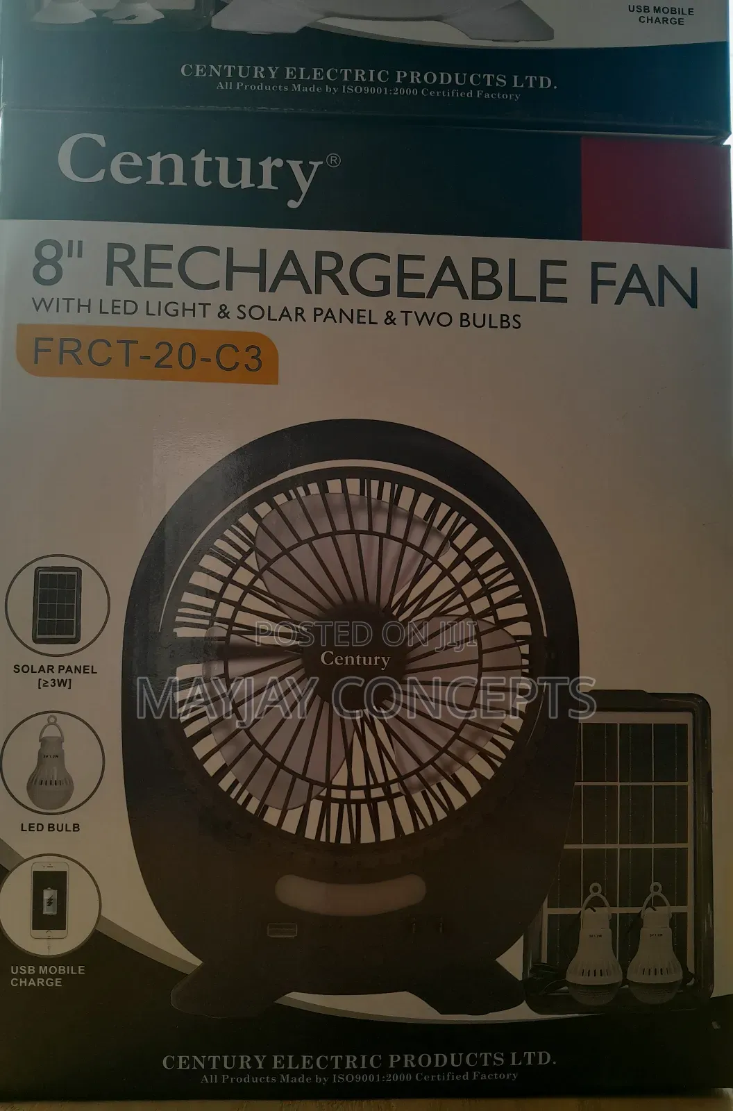 8" Century 3-in-1 Solar Rechargeable Table Fan+Panel+2-Bulbs