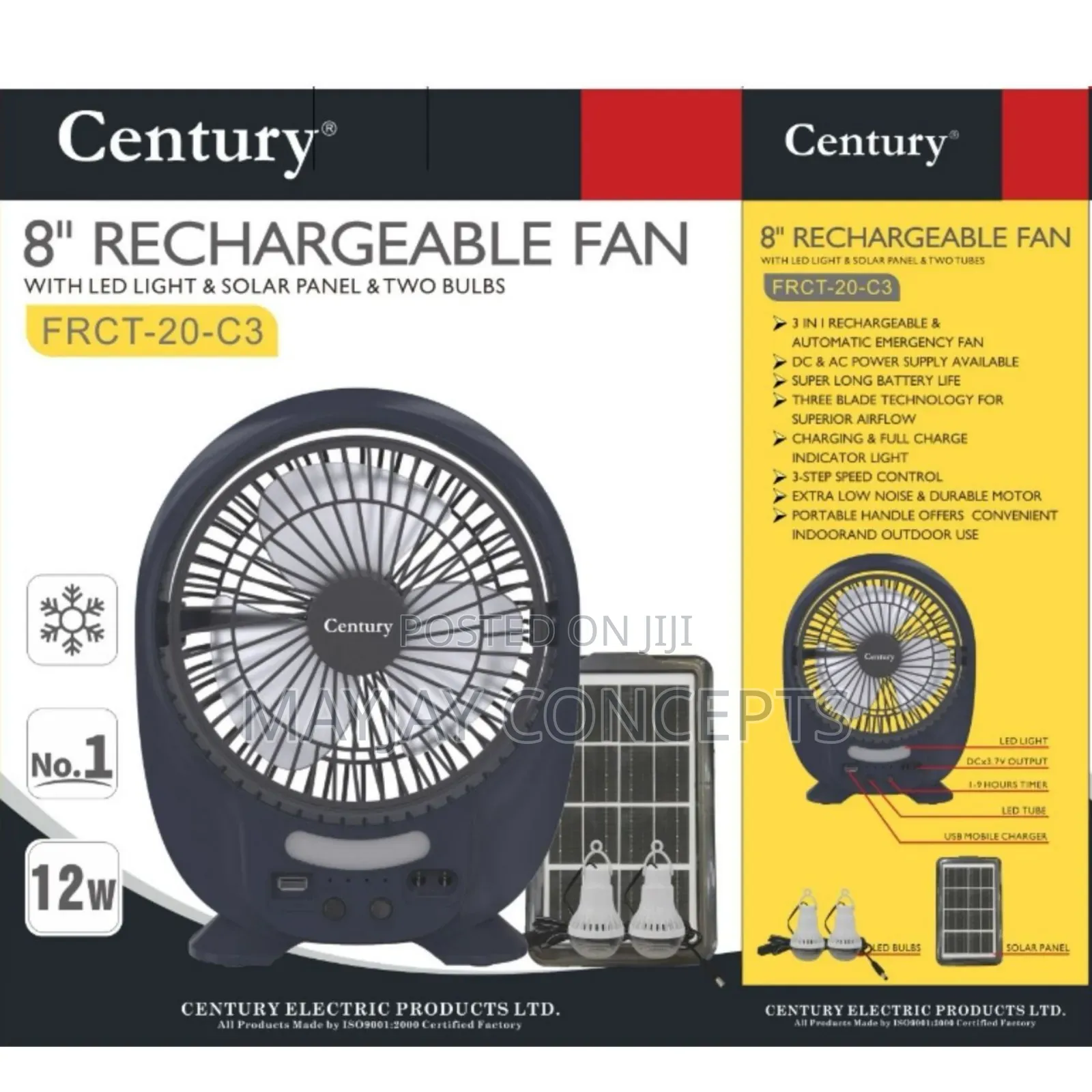 8" Century 3-in-1 Solar Rechargeable Table Fan+Panel+2-Bulbs