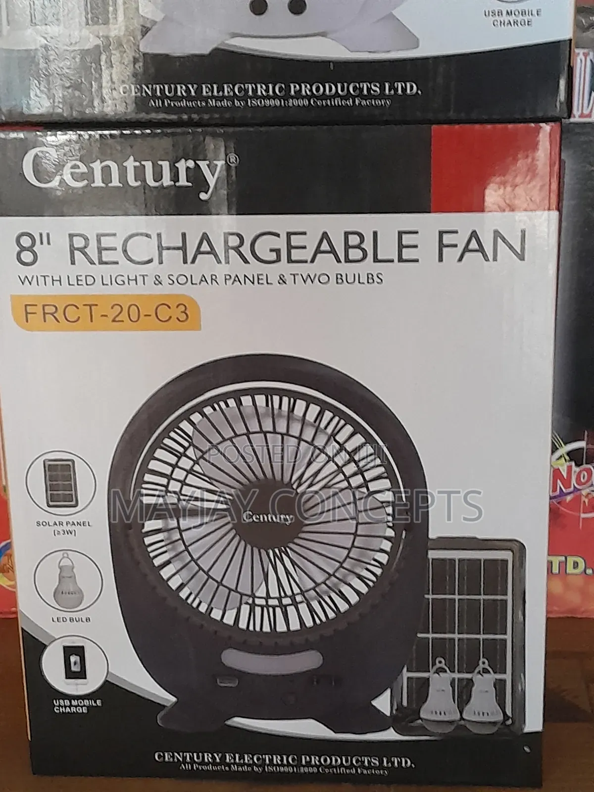 8" Century 3-in-1 Solar Rechargeable Table Fan+Panel+2-Bulbs