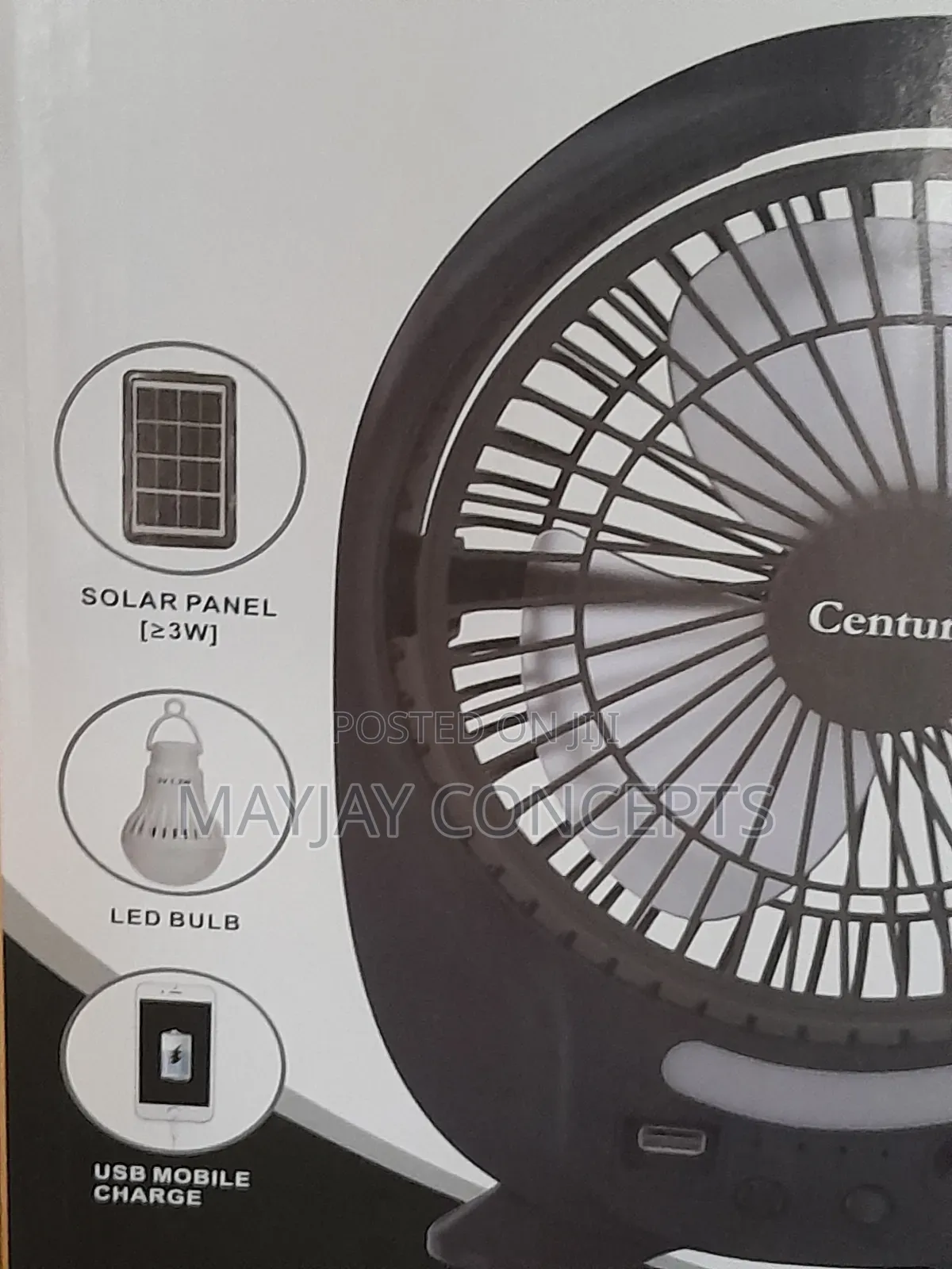 8" Century 3-in-1 Solar Rechargeable Table Fan+Panel+2-Bulbs