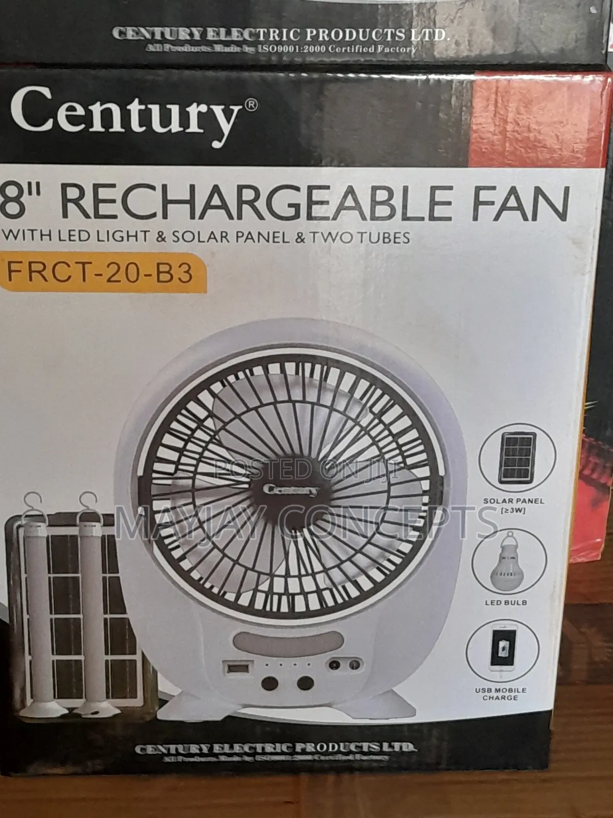 8" Century 3-in-1 Solar Rechargeable Table Fan+Panel+2-Tubes