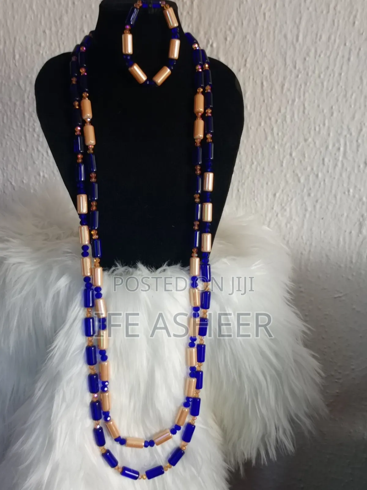 Royal Blue Mixed With Gold Navel Length Neck Beads
