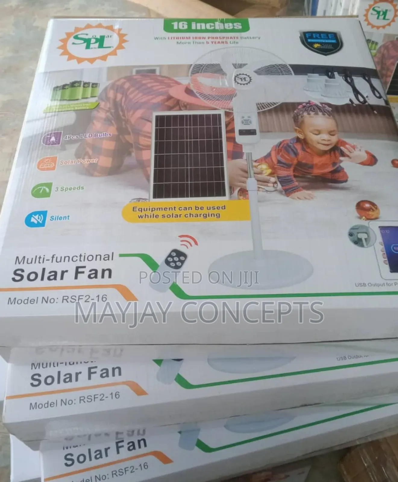 SPL 16" 3-in-1 Solar Rechargable Standing Fan+Panel+4-Bulbs