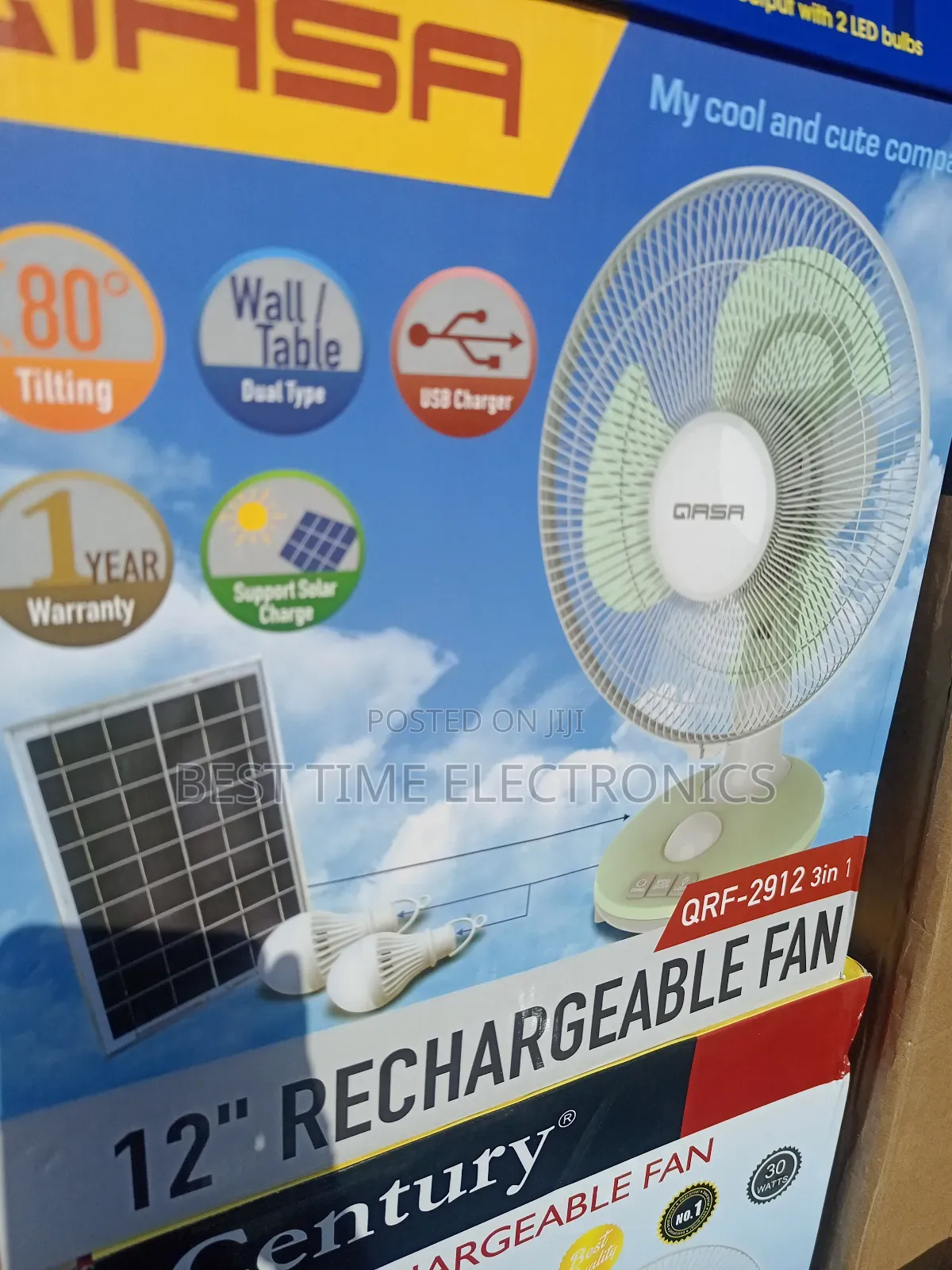 12" Qasa Solar Rechargeable Table Fan