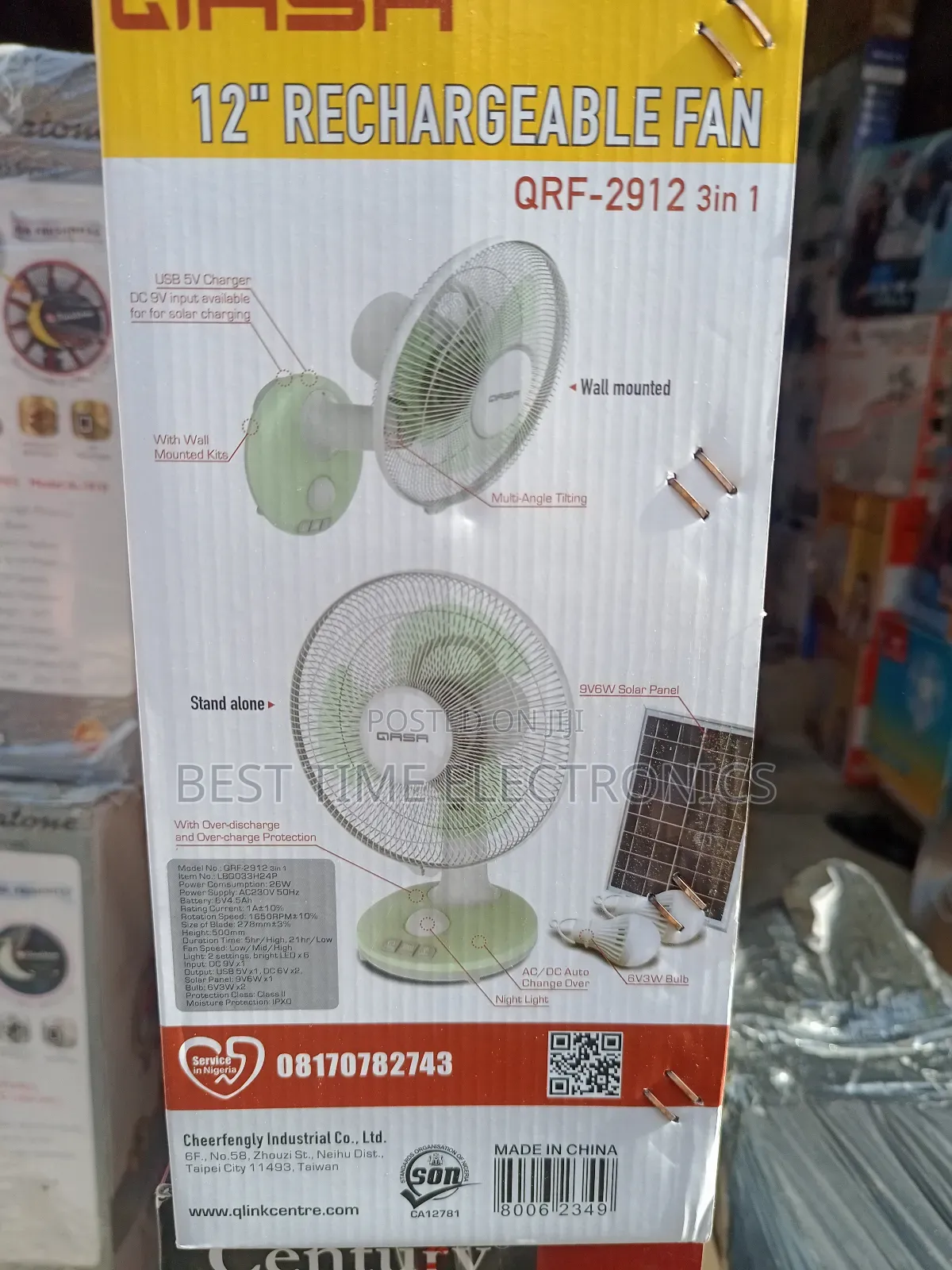 12" Qasa Solar Rechargeable Table Fan