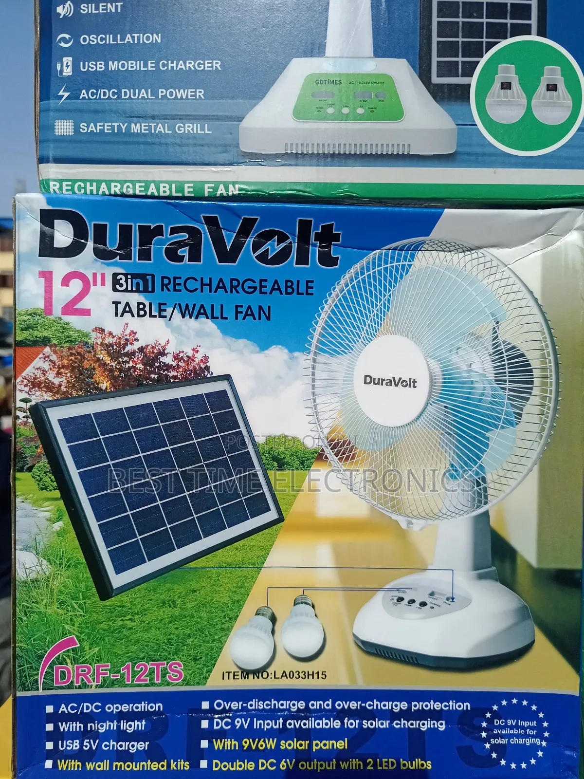 12" Duravolt Solar Rechargeable Table Fan