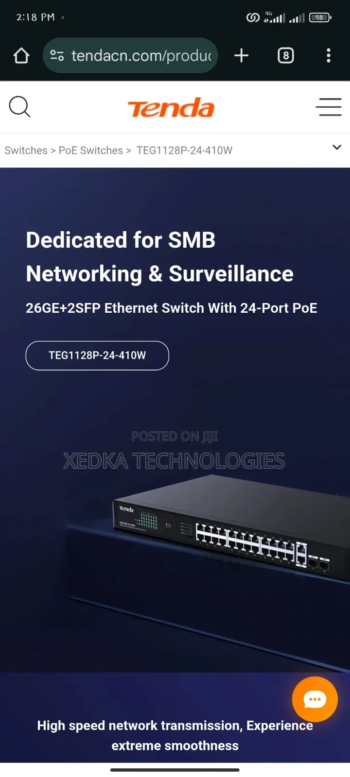 Tenda 24-Port Gigabit Poe and Switch +2ge/2sfp 410w