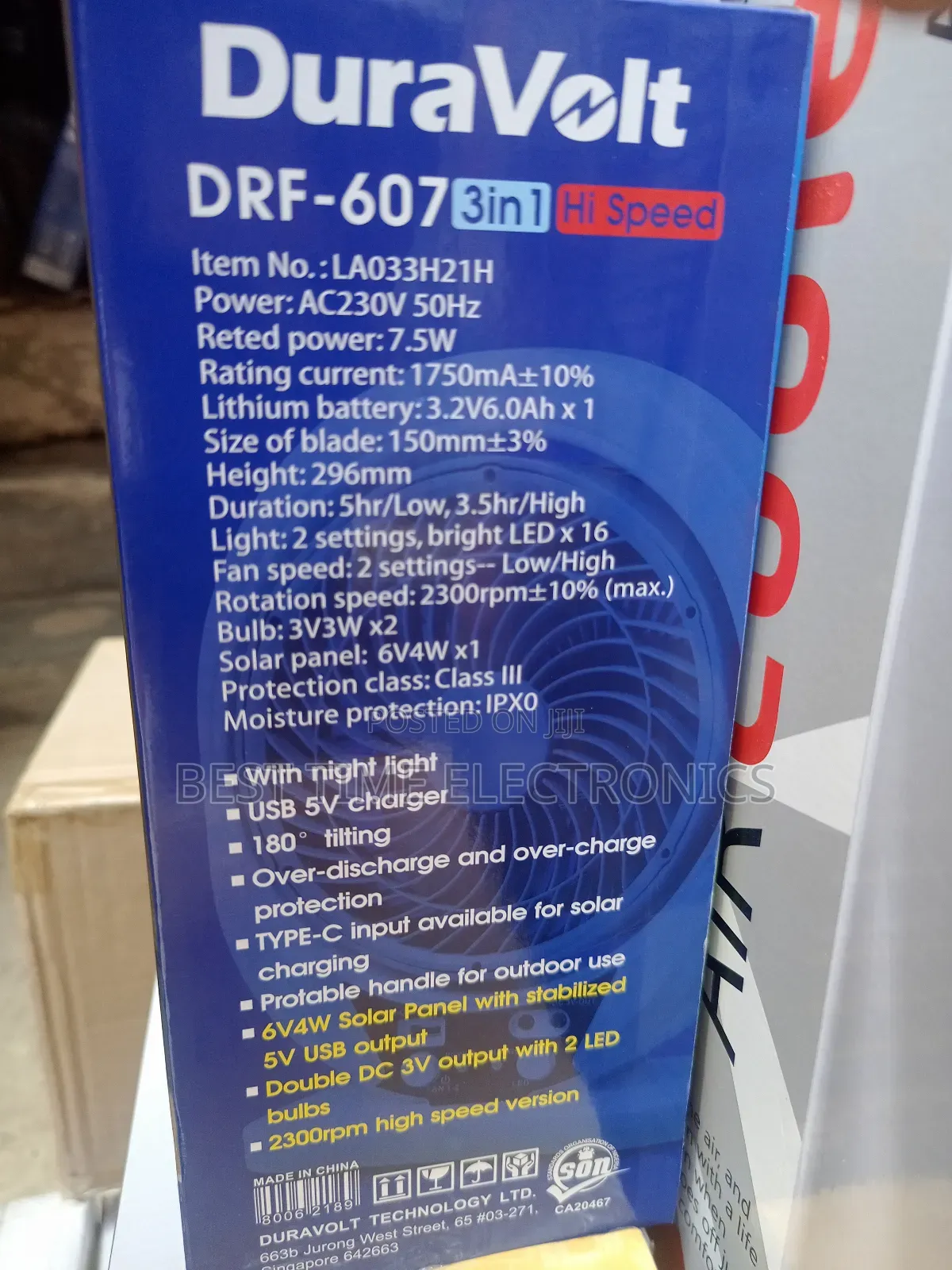 7" 3in1 Duravolt Hi-Speed Rechargeable Fan