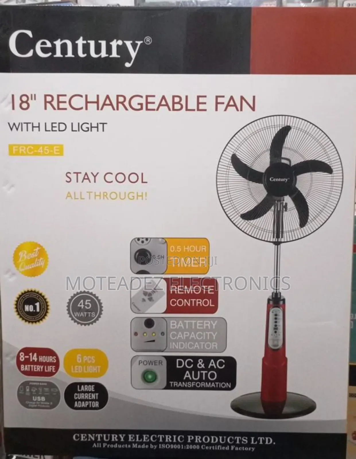Century 18" Strong Rechargeable Standing Fan With Remote Control