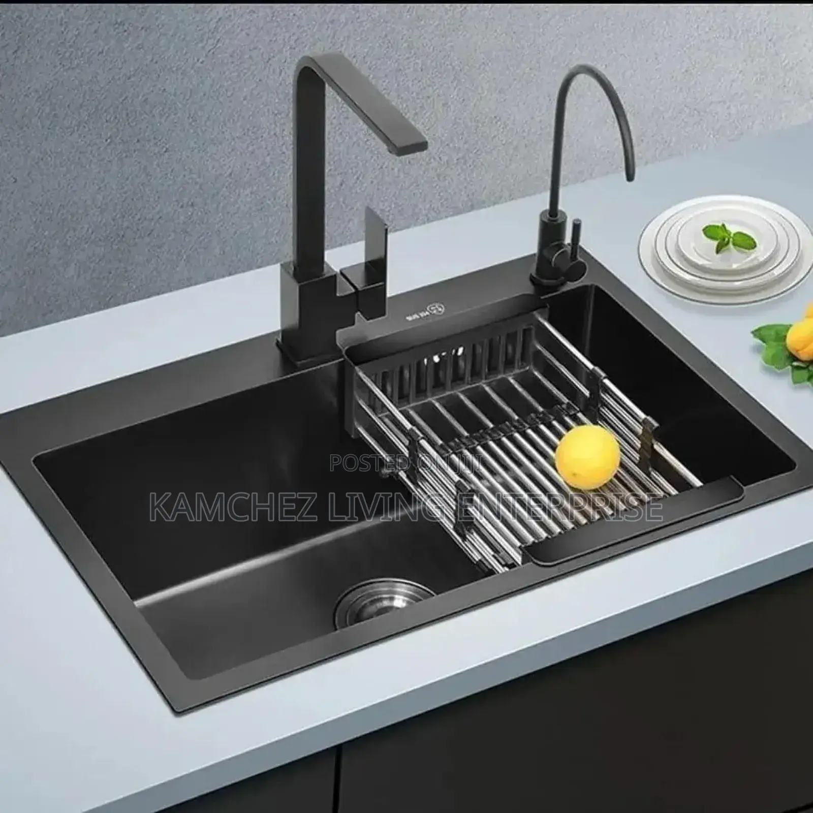 Black Double Kitchen Sink With Faucet Drying Rack