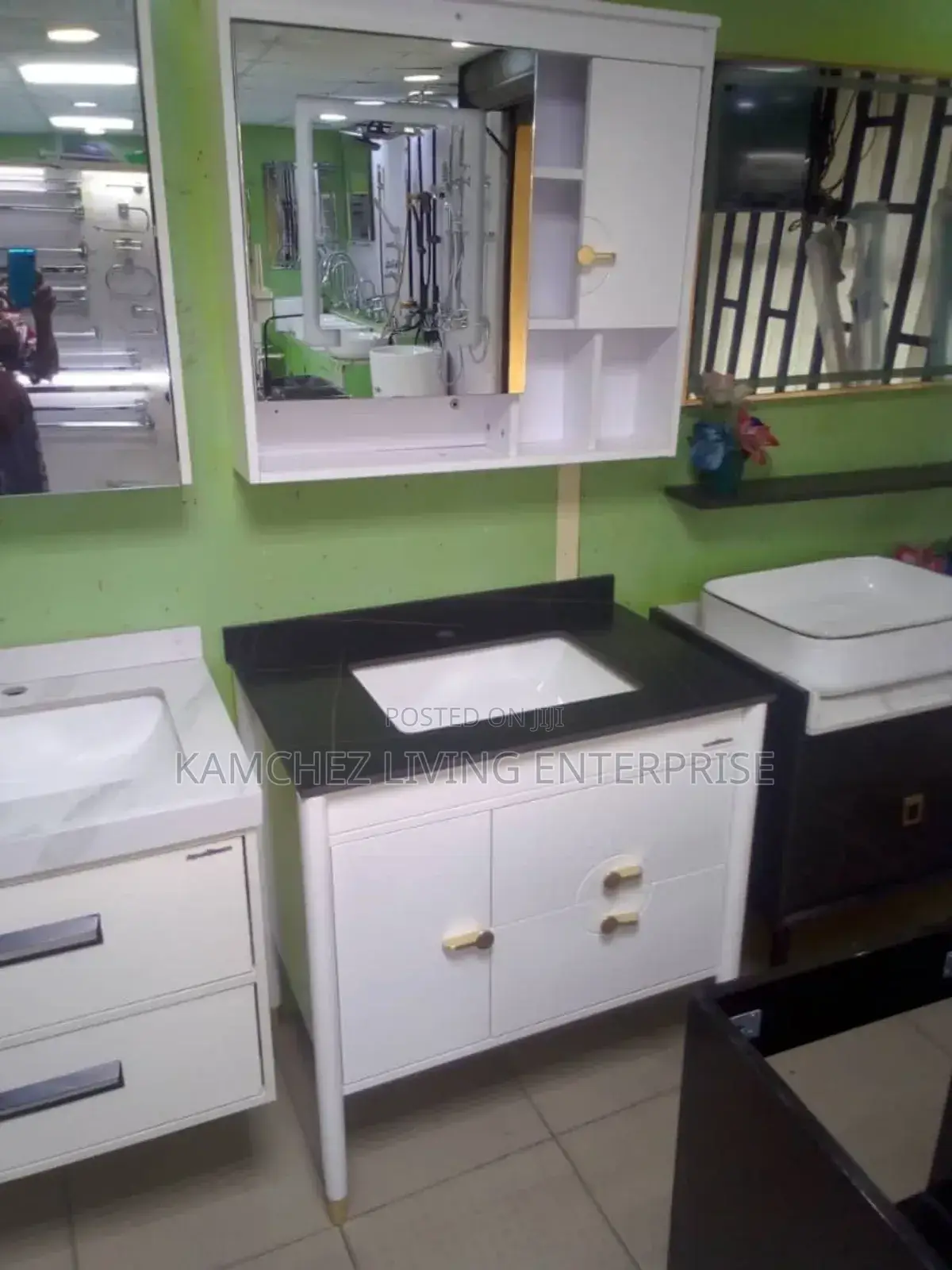 Modern White Sink Vanity With Black Top and Mirror Storage