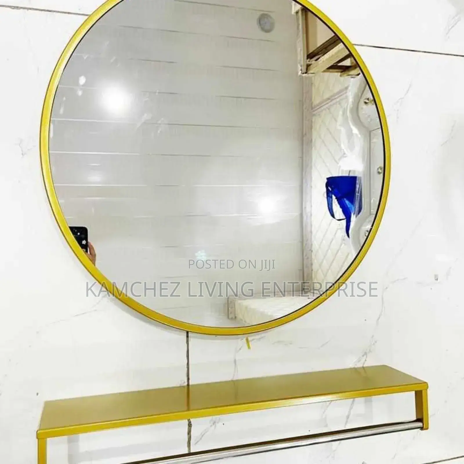 50*50cm Round Wall Gold Mirror With Shelf – Gold Metal Frame