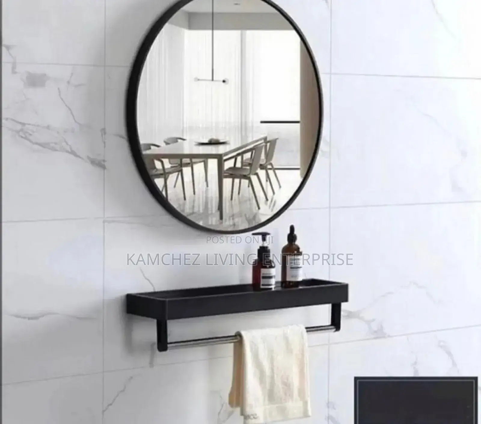 50*50 Round Bathroom Mirror With Shelf Towel Bar–Black Frame