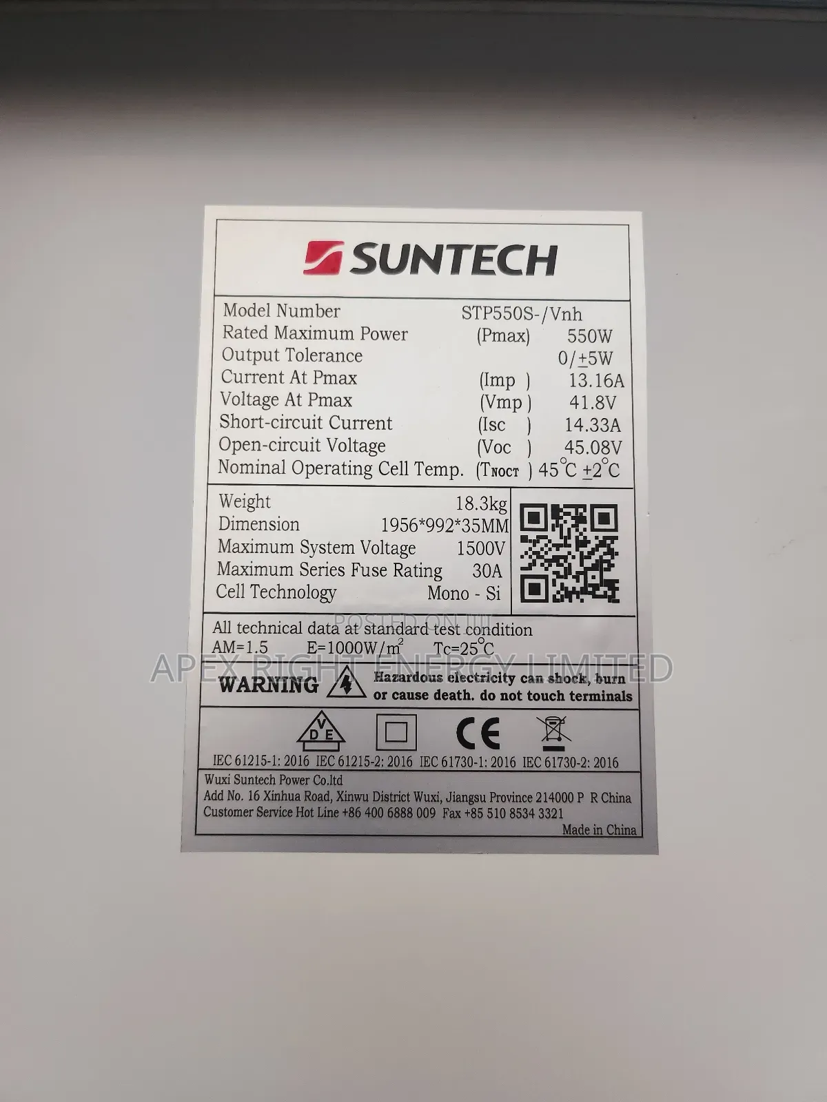 550watts Suntech Mono Crystalline Panel