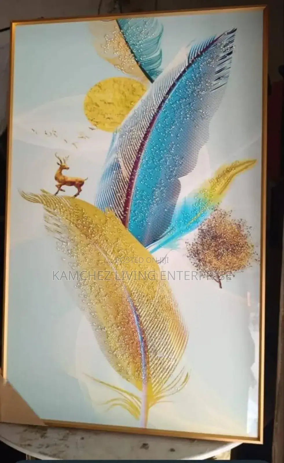 80x60cm Golden Feather Deer Wall Art - Modern Nature Decor