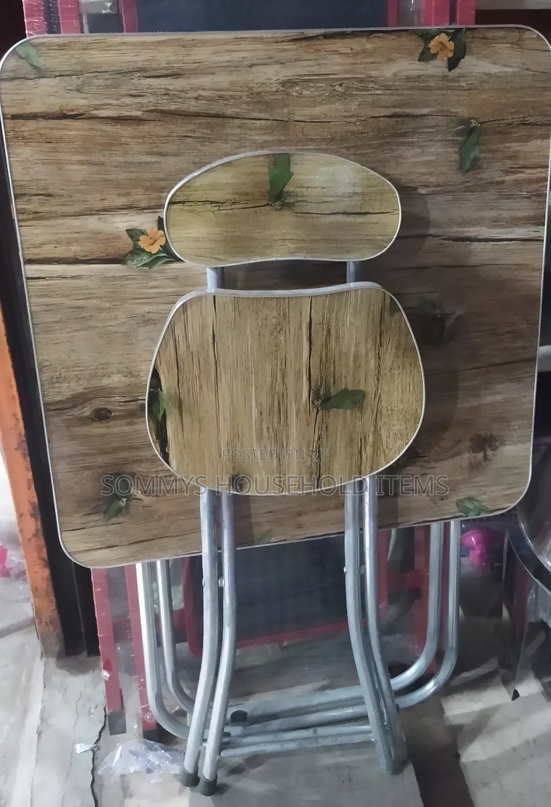 Wooden Flower Design Foldable 1table 1chair With Metal Legs