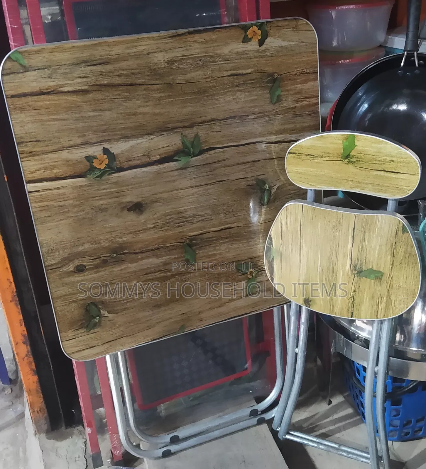 Wooden Flower Design Foldable 1table 1chair With Metal Legs