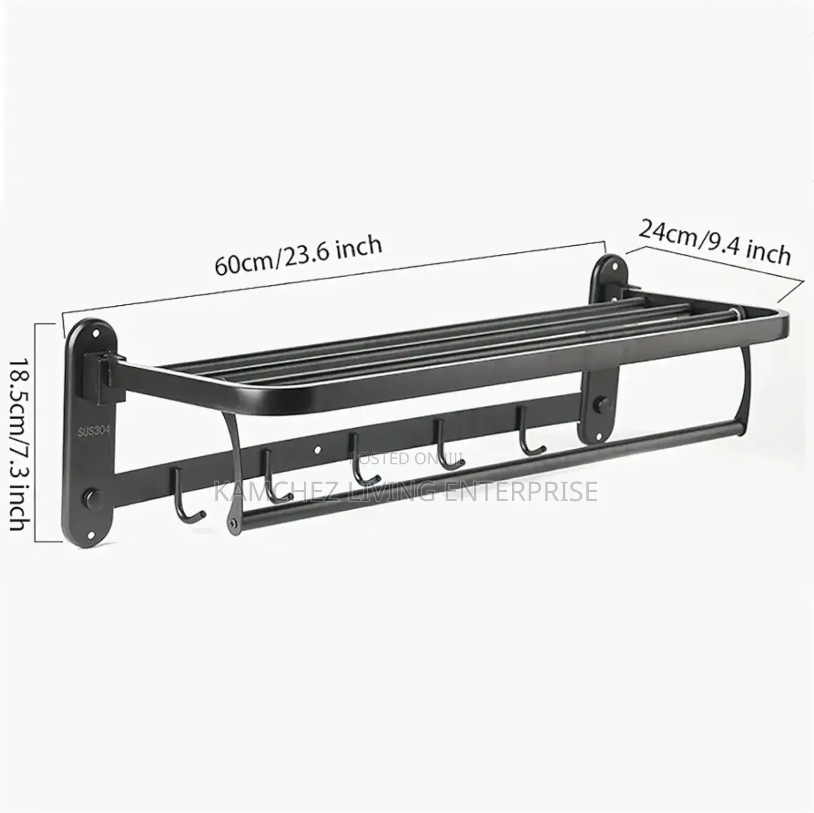 60cm Black Foldable Stainless Steel Towel Rail