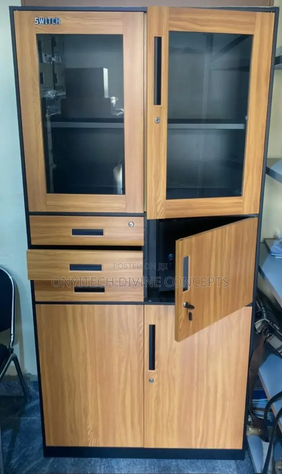Metal Bookshelf With in Built Safe, 3 Drawers Multi Coloured