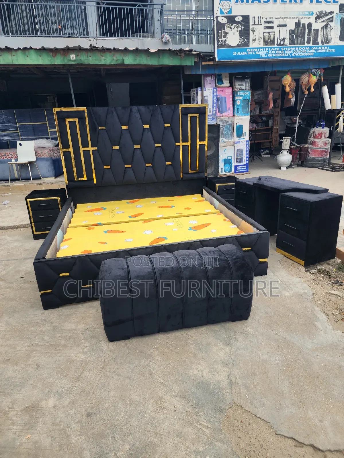 Black 6by6 Bed With Dressing Mirror, Drawers and Ottoman