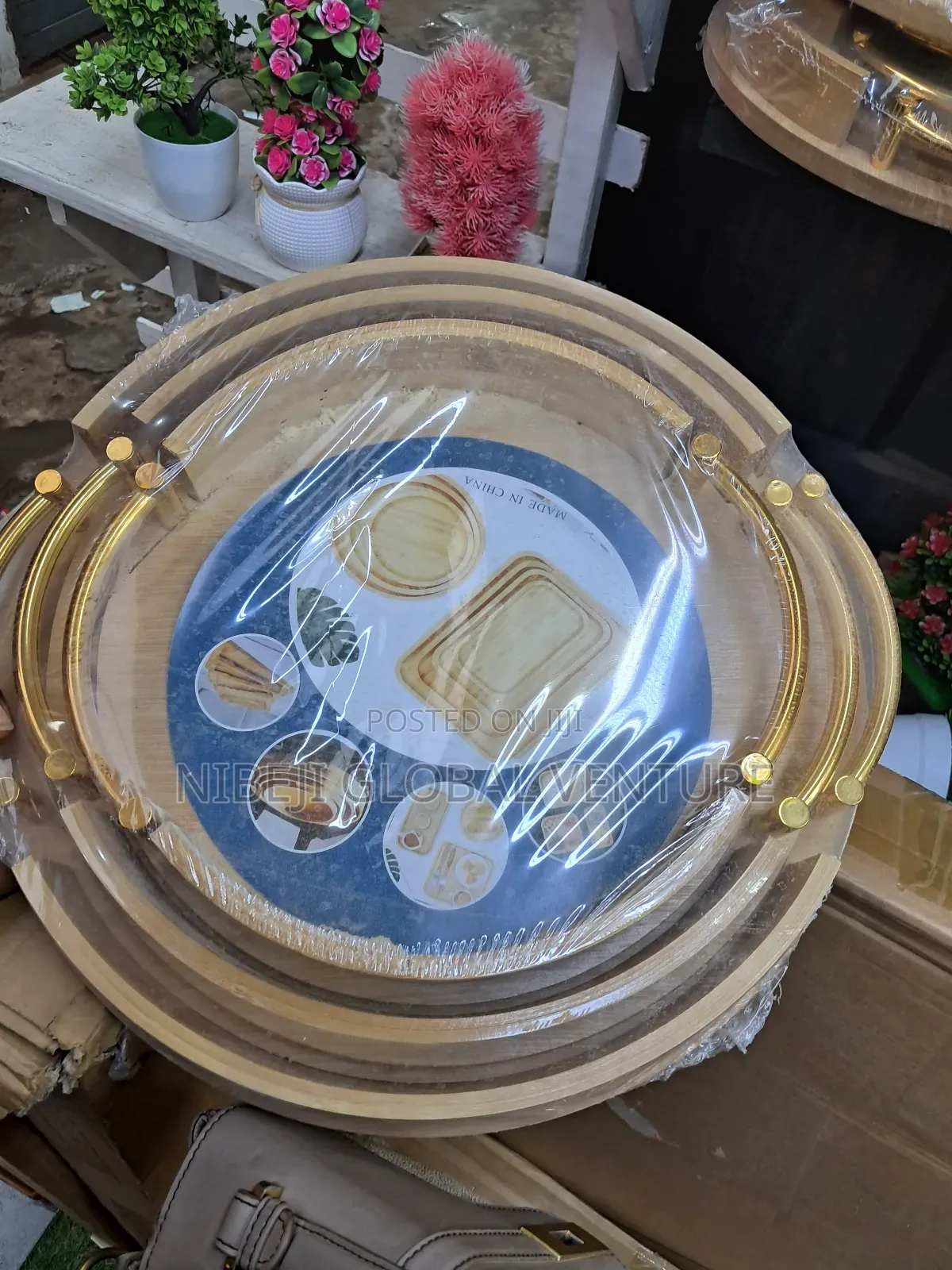 Round Bamboo Tray Set With Gold Handle