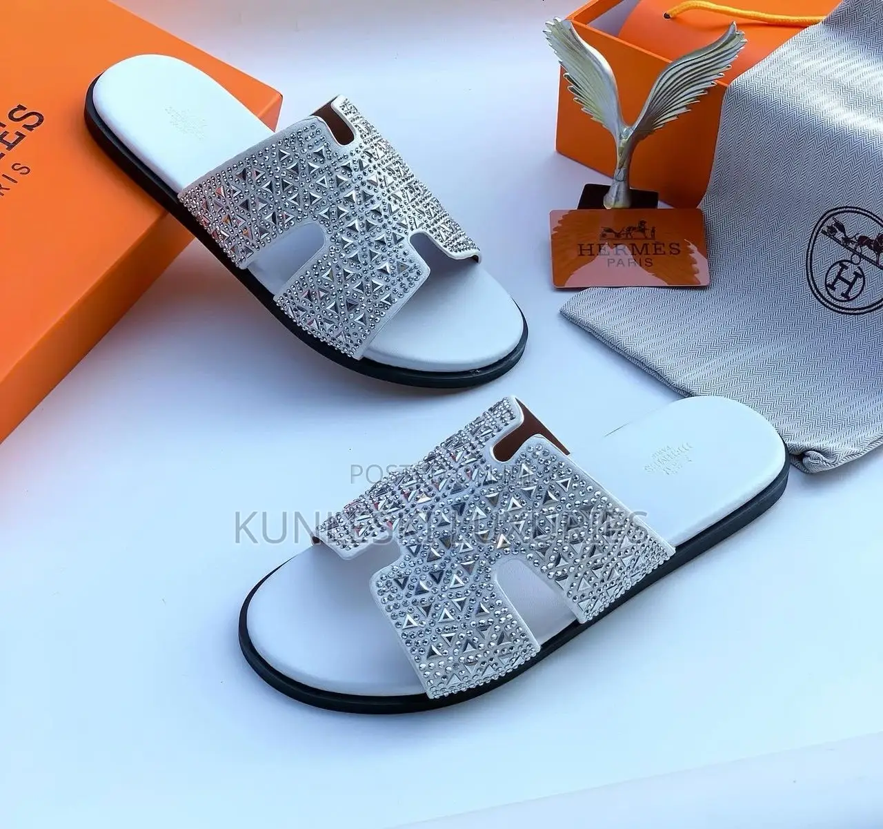Original Hermes White Leather Slippers