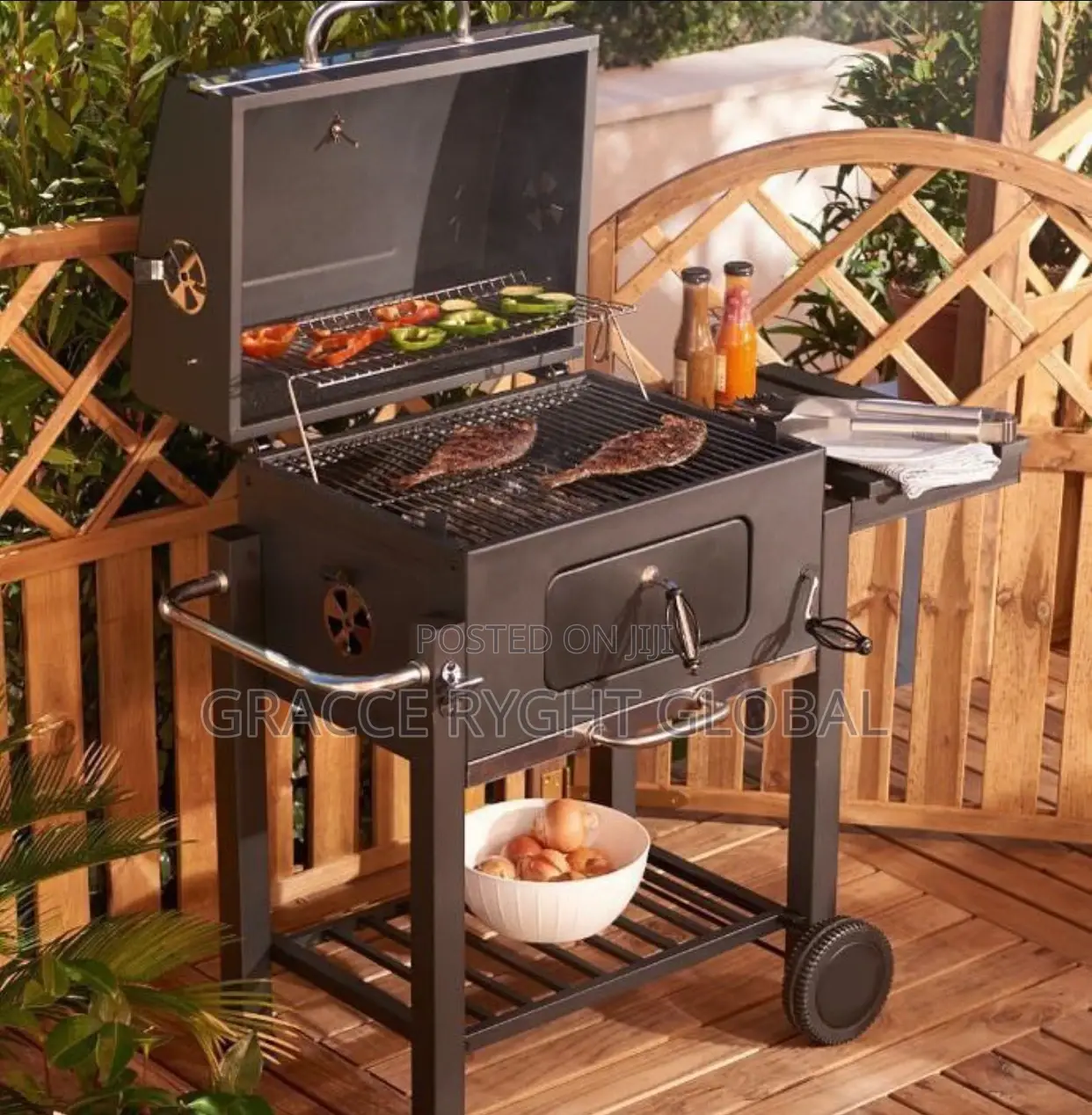 Smokeless BBQ Charcoal Grill Trolley With Side Table