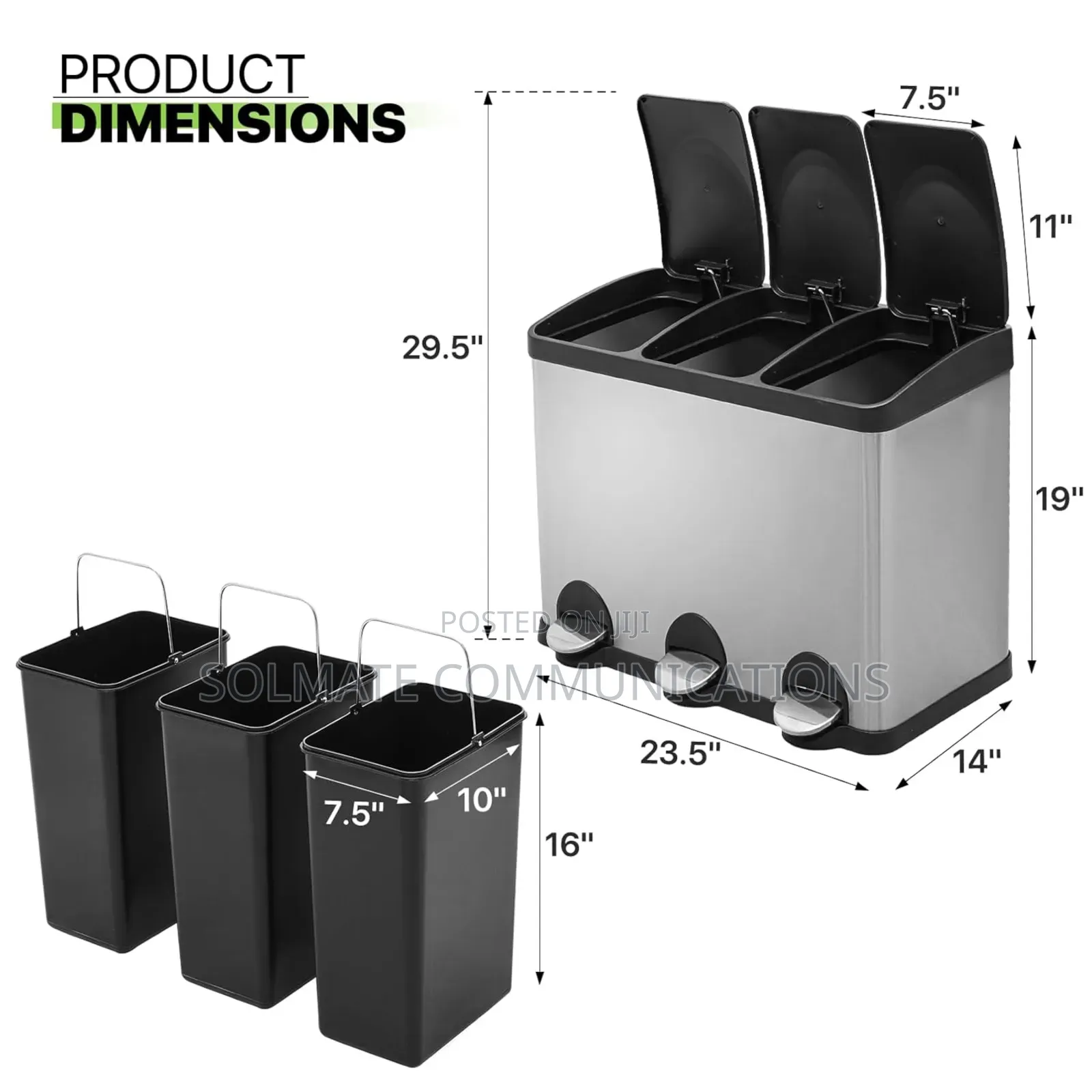 3 Compartment Pedal Stainless Trash Can With Lid (45 Litres)