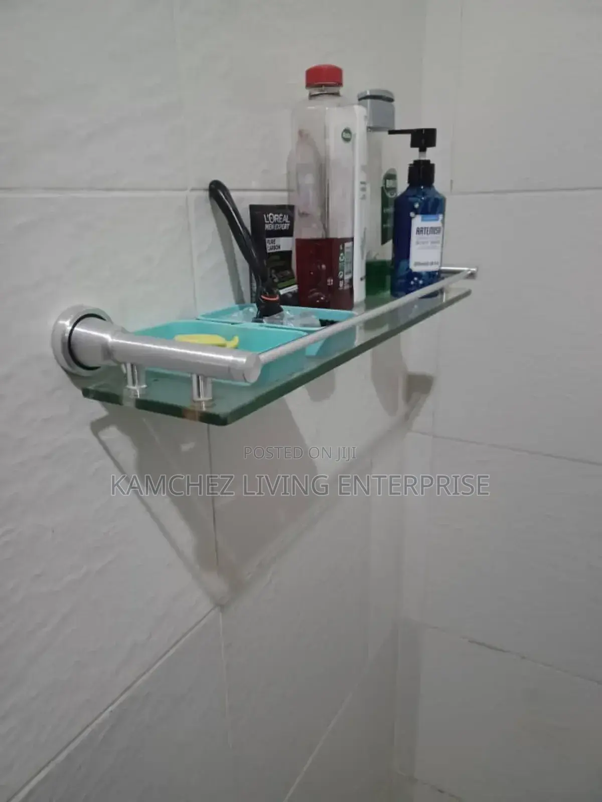 Aquamarin Glass Bathroom Shelf With Aluminum Frame