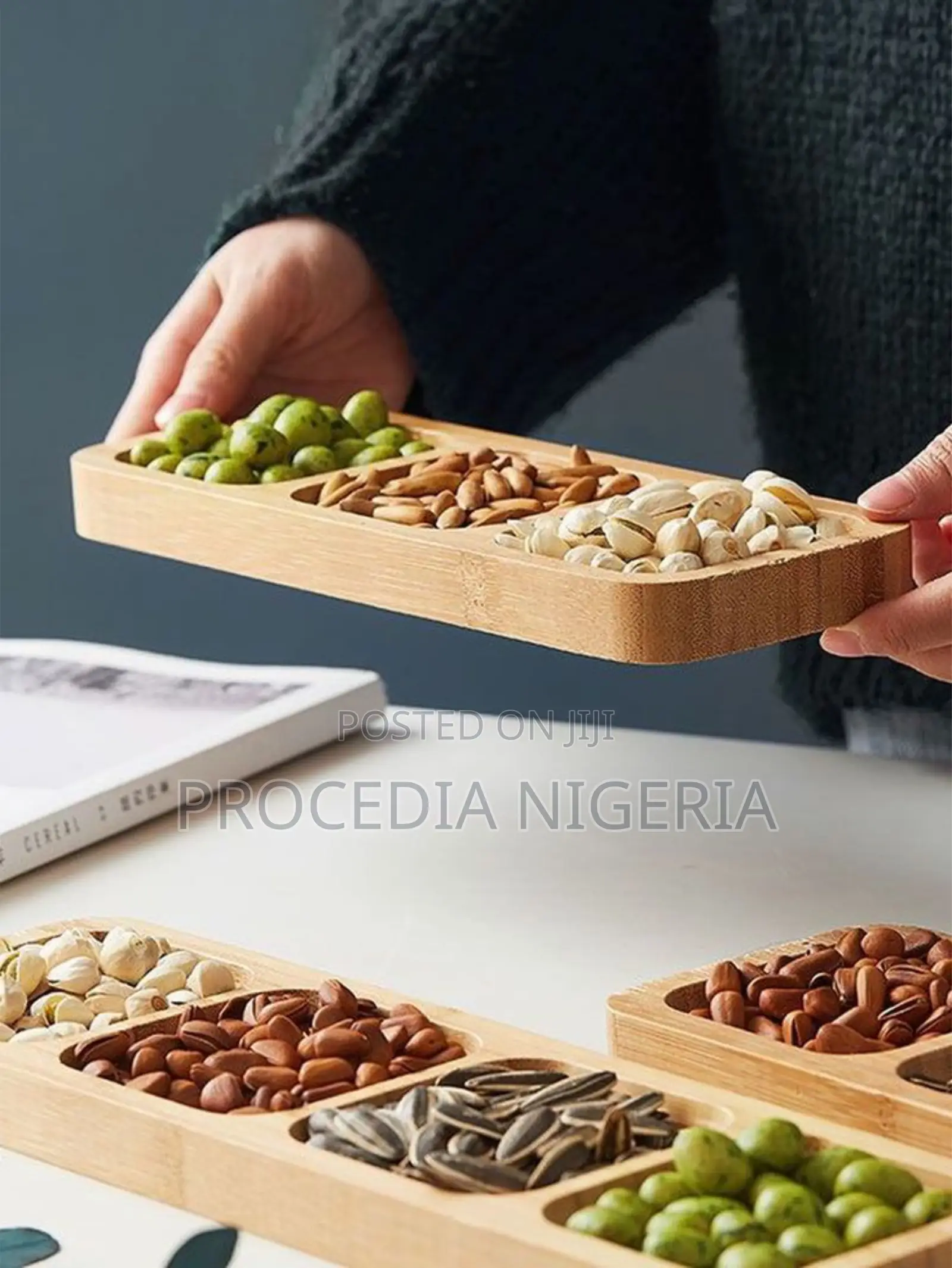 3-Grid Rectangular Wooden Snack Tray