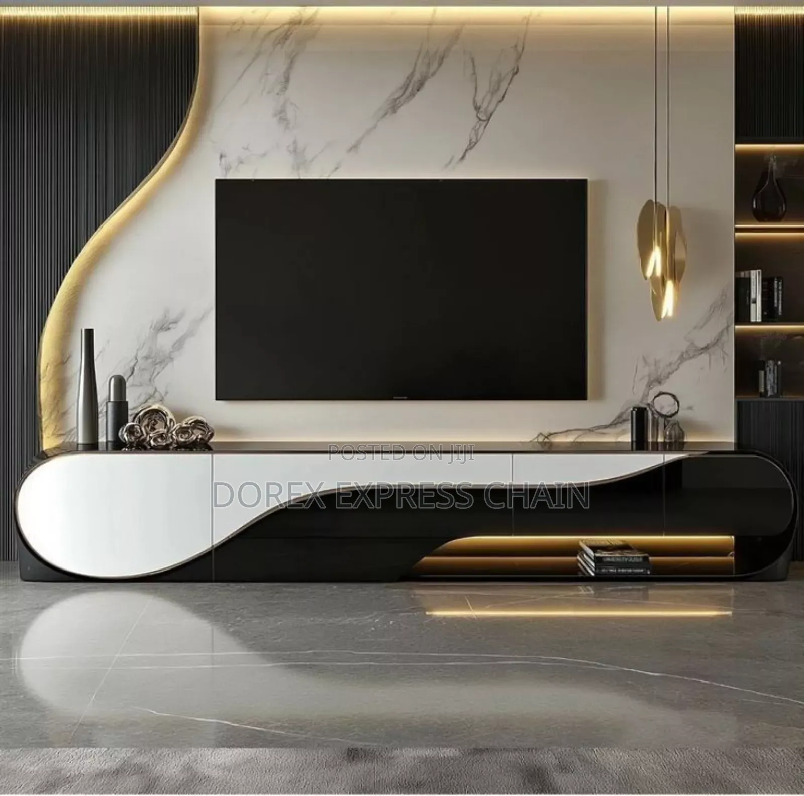Luxury Curved-edged Console With Marble Backdrop.