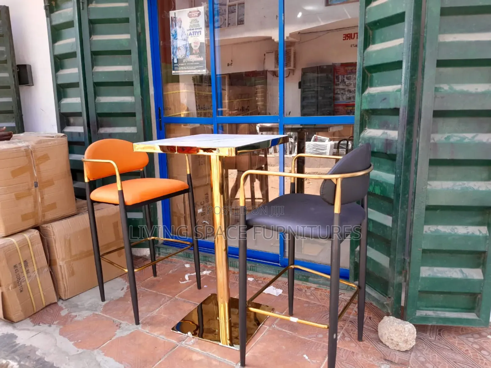 High Bar Table With 2 Leather Chairs