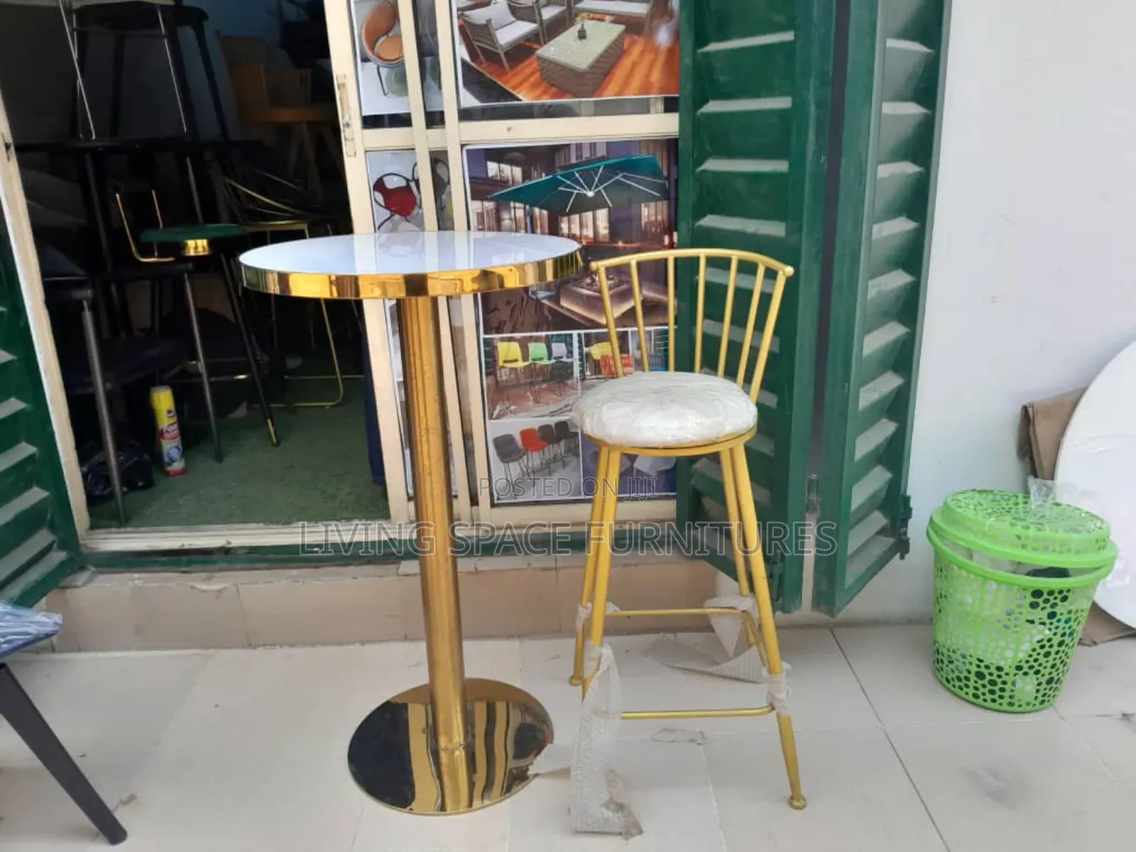 High Bar Table With 2 Leather Chairs