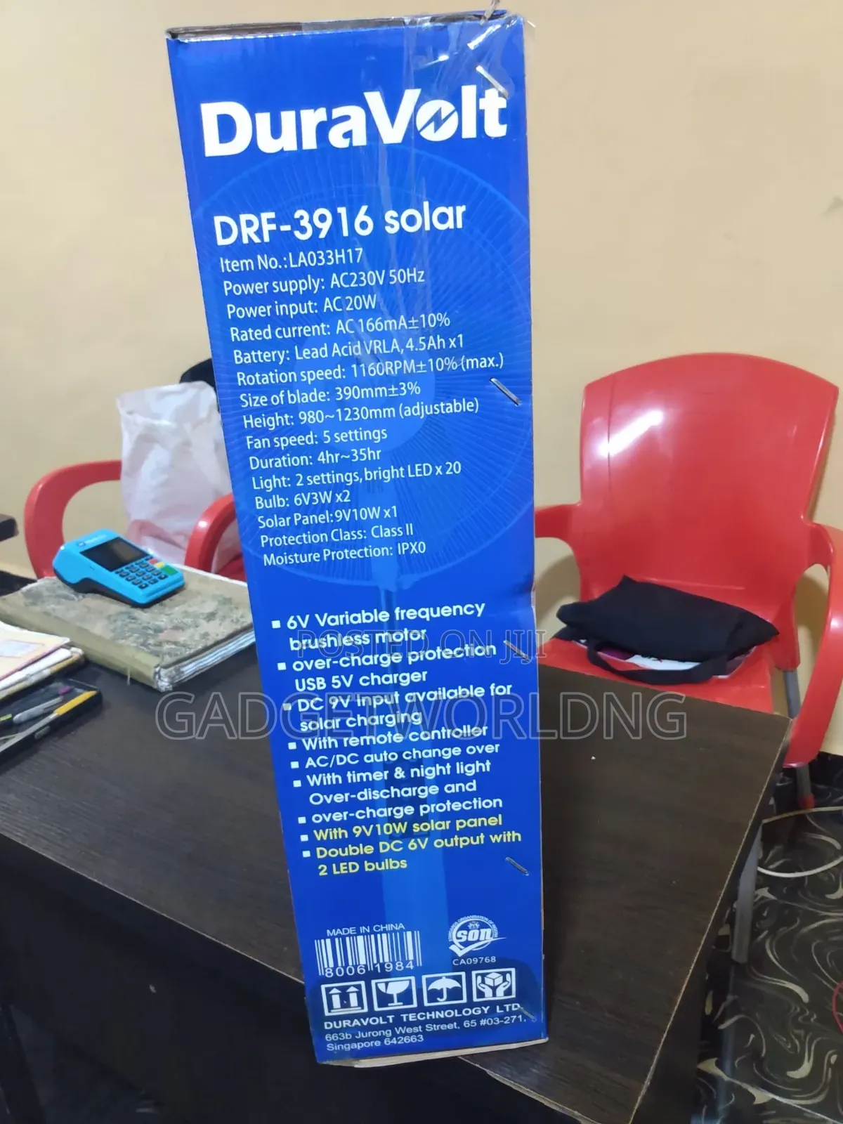 Duravolt DRF-3916 16′′ Rechargeable Solar Fan